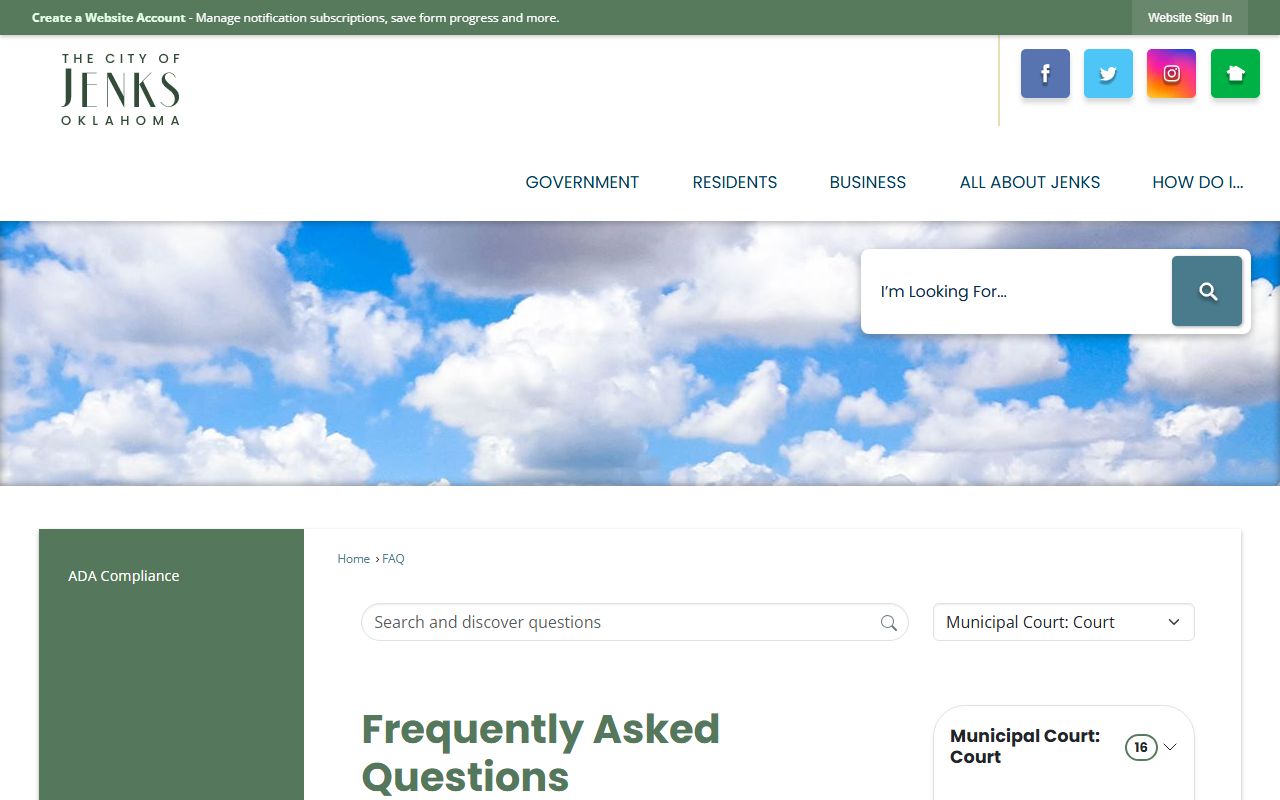 Jenks Municipal Court FAQ page about bench warrants and failure to appear