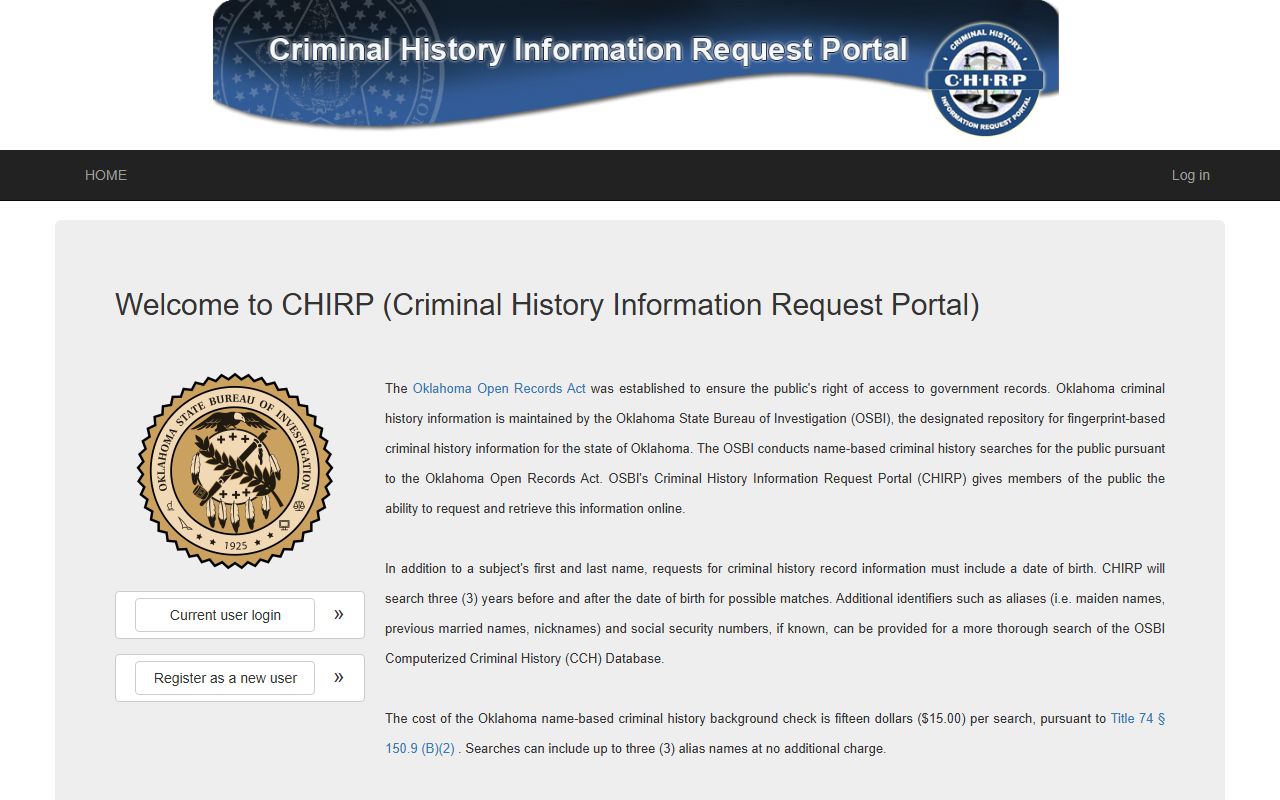 OSBI CHIRP portal for Oklahoma bench warrants criminal history search